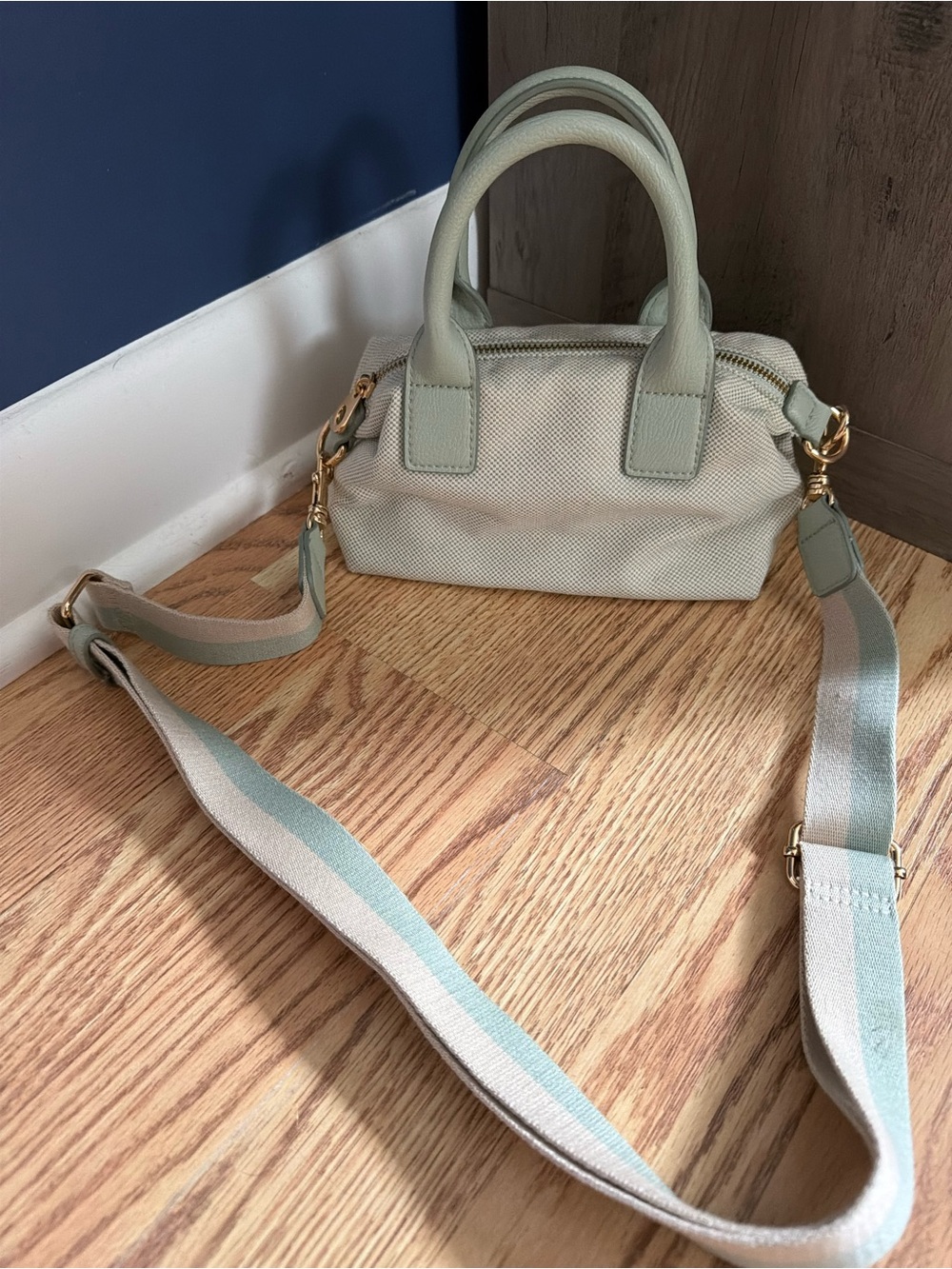 Universal Thread Mini Satchel in Light Sage and Cream with Striped Strap